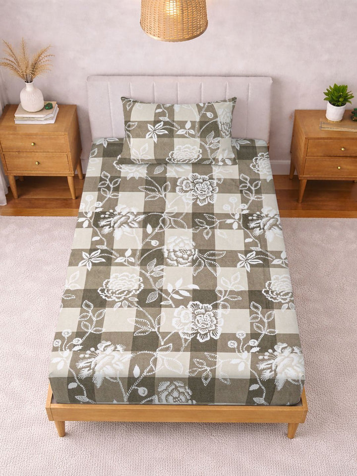 KLOTTHE Beige Floral Printed 300 TC Single Bedsheets