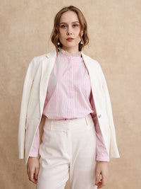 RAREISM Women Comfort Mandarin Collar Vertical Striped Cotton Casual Shirt