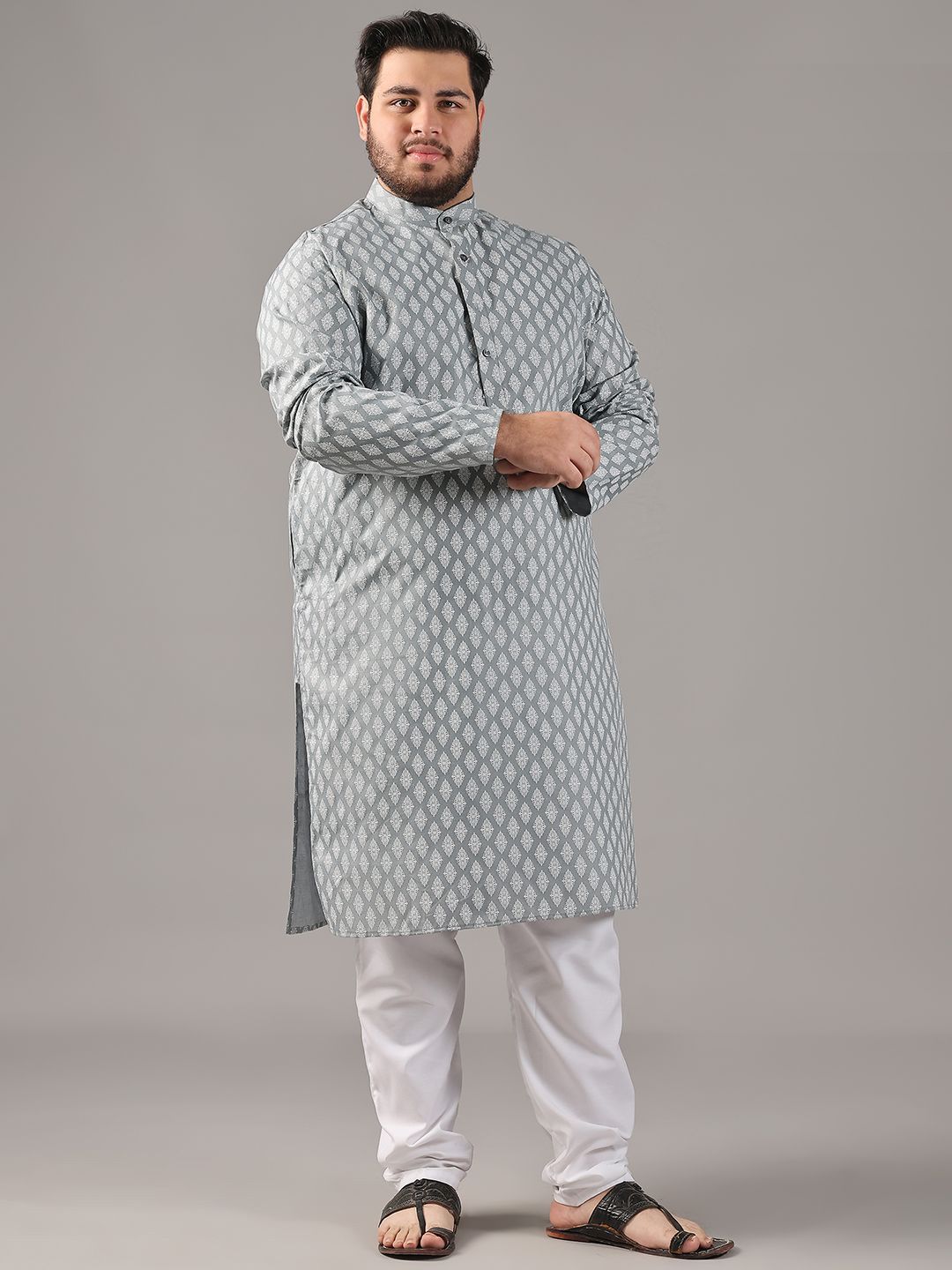 SOJANYA PLUS Plus Size Men Ethnic Motifs Printed Band Collar Straight Kurta With Pyjamas