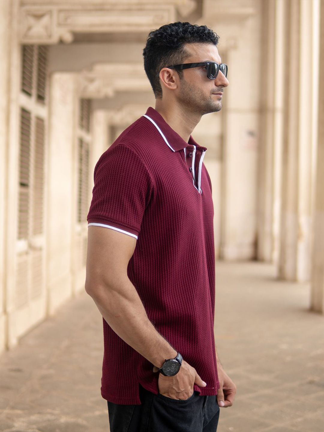 Powerlook Men Maroon Self Design Structured Polo Collar T-shirt