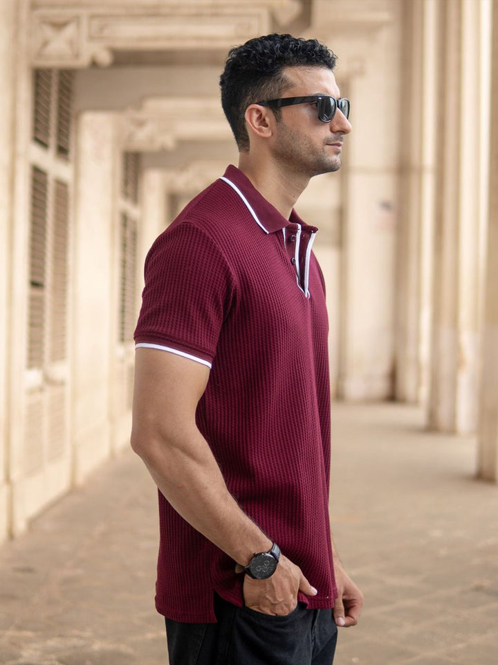 Powerlook Men Maroon Self Design Structured Polo Collar T-shirt