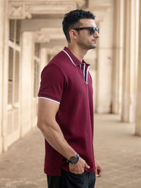 Powerlook Men Maroon Self Design Structured Polo Collar T-shirt