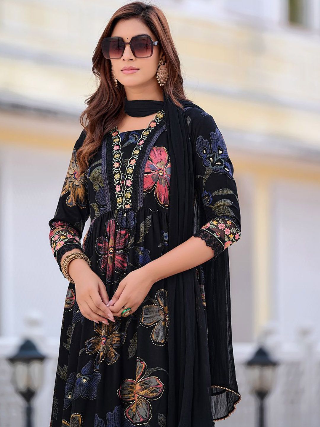 KALINI Floral Printed V-Neck Thread Work Anarkali Kurta With Trousers & Dupatta
