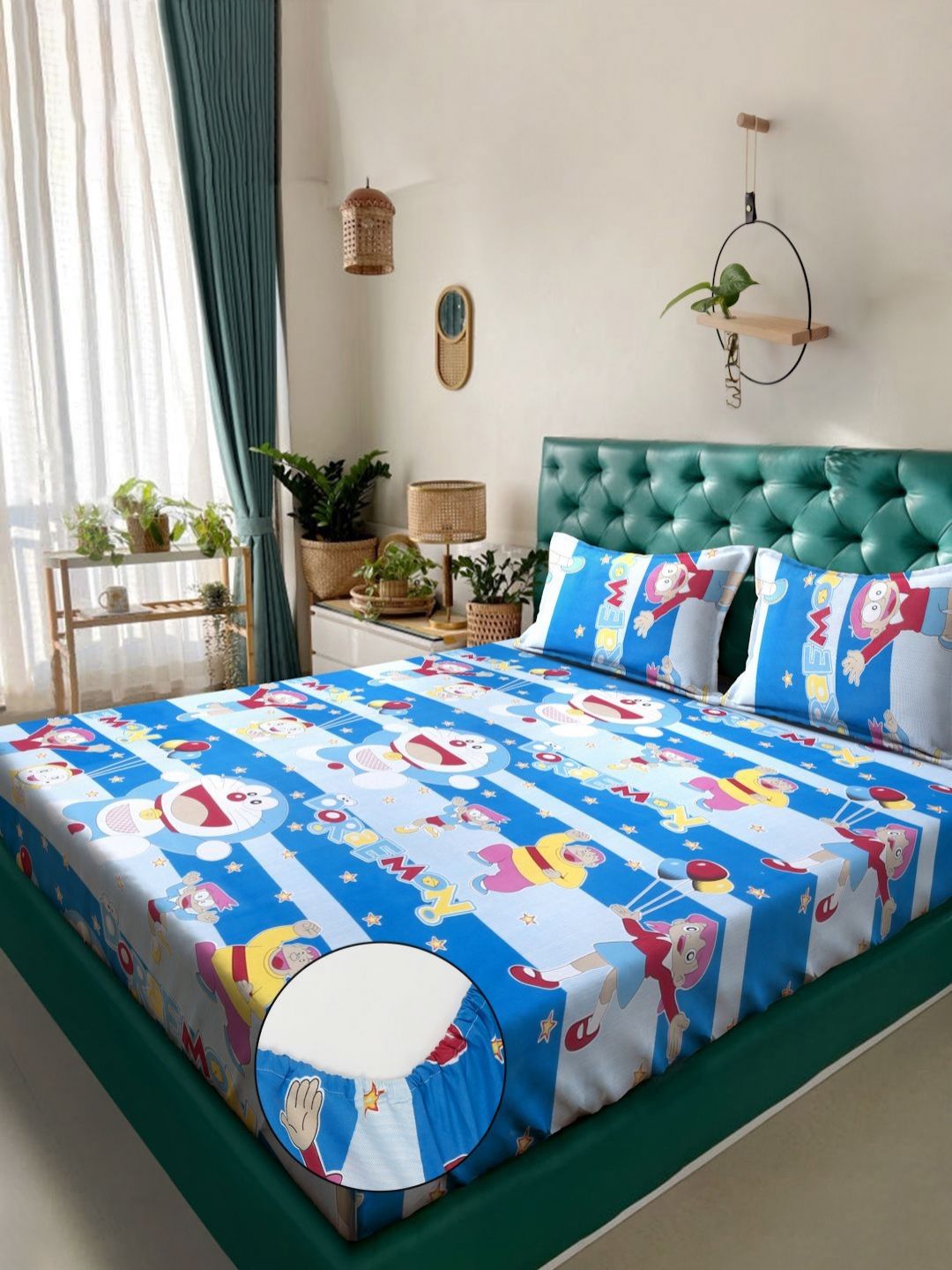 Myntra Elegant Homes Blue Printed Cotton 400 TC Fitted King Bedsheet Set-2.5mX2.25m