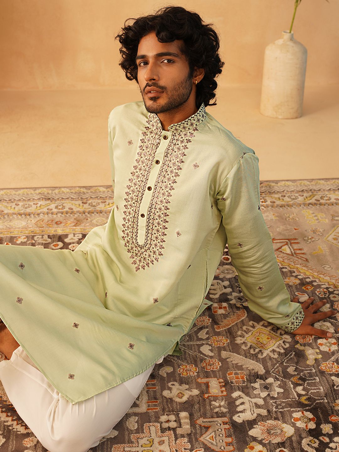 Jompers Floral Embroidered Sequinned Mandarin Collar Kurta With Trousers