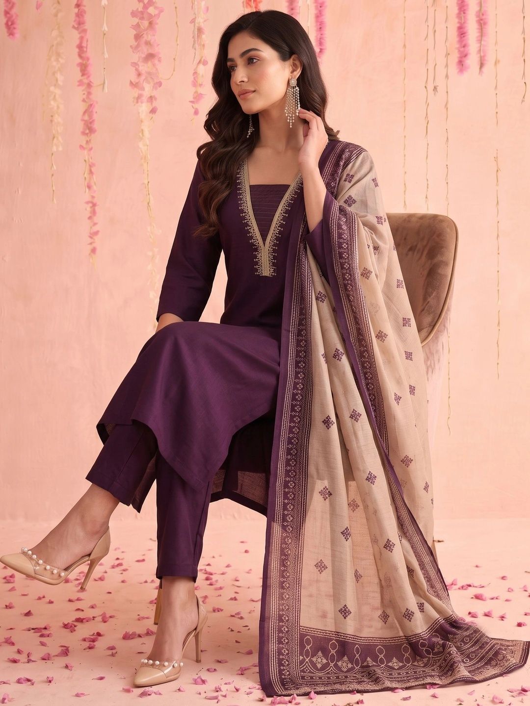 Mamicha Women Ethnic Motifs Embroidered Regular Thread Work Kurta with Trousers & With Dupatta