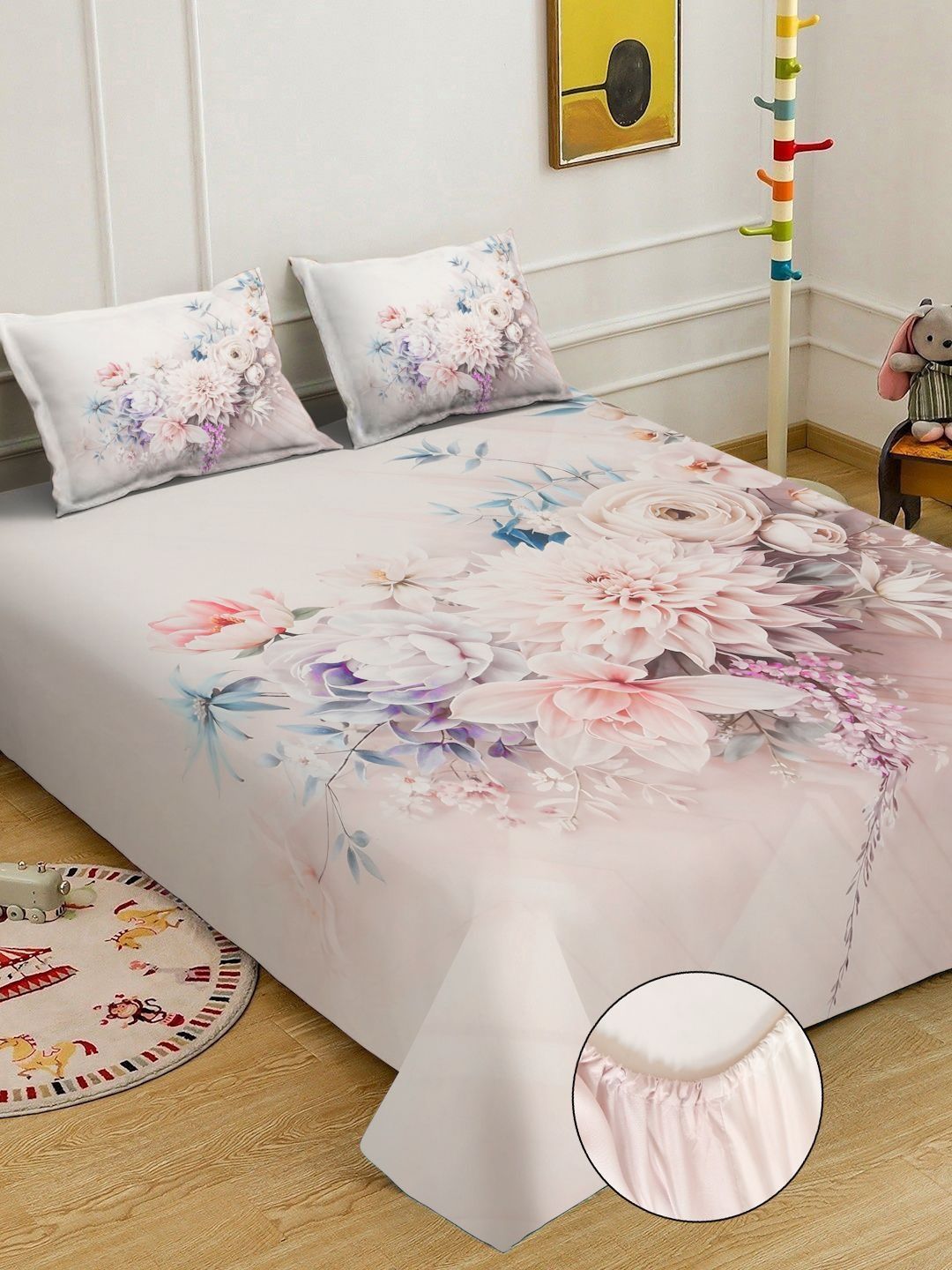 KLOTTHE Pink & White Floral Printed Fitted 300 TC King Bedsheet With 2 Pillow Cover