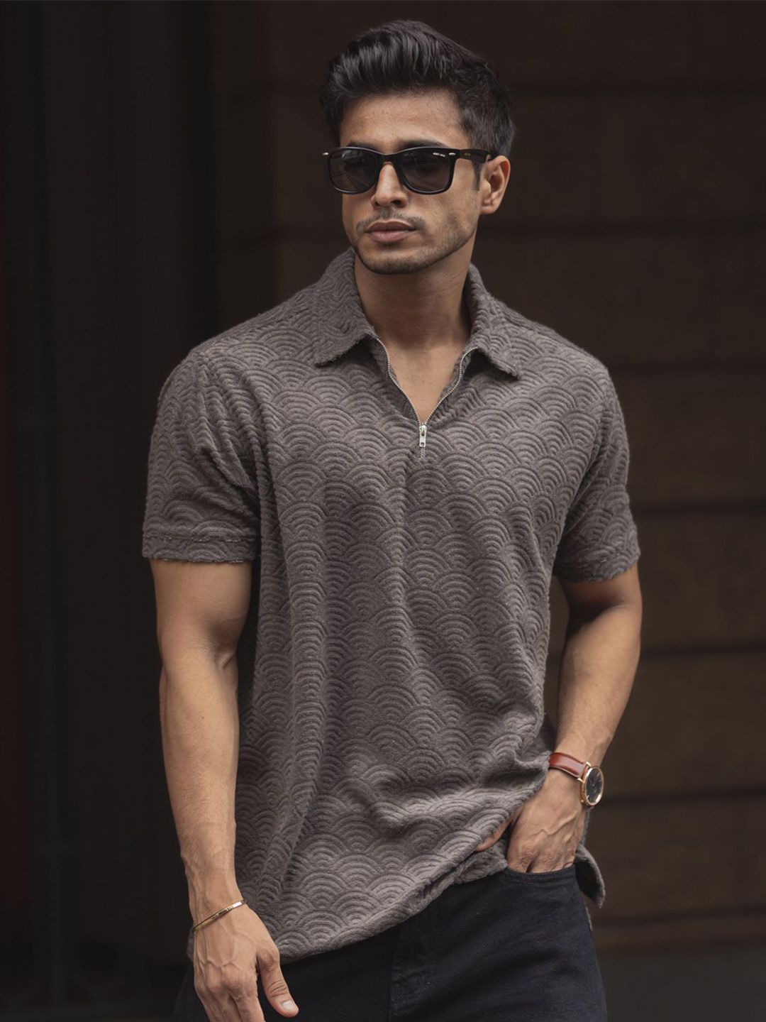 Powerlook Men Self Design Polo Collar T-shirt