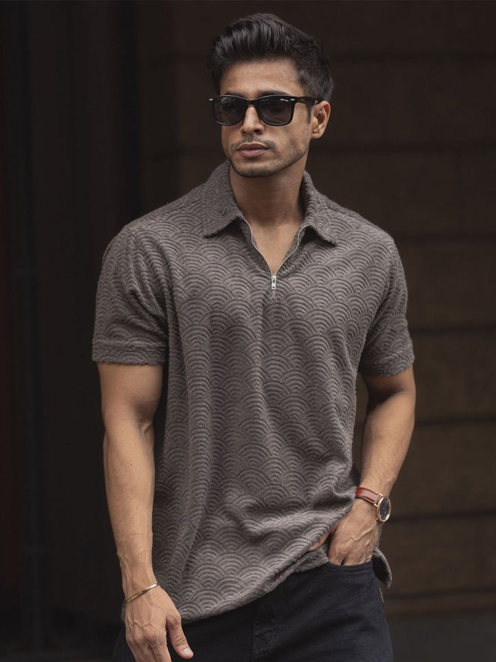 Powerlook Men Self Design Polo Collar T-shirt
