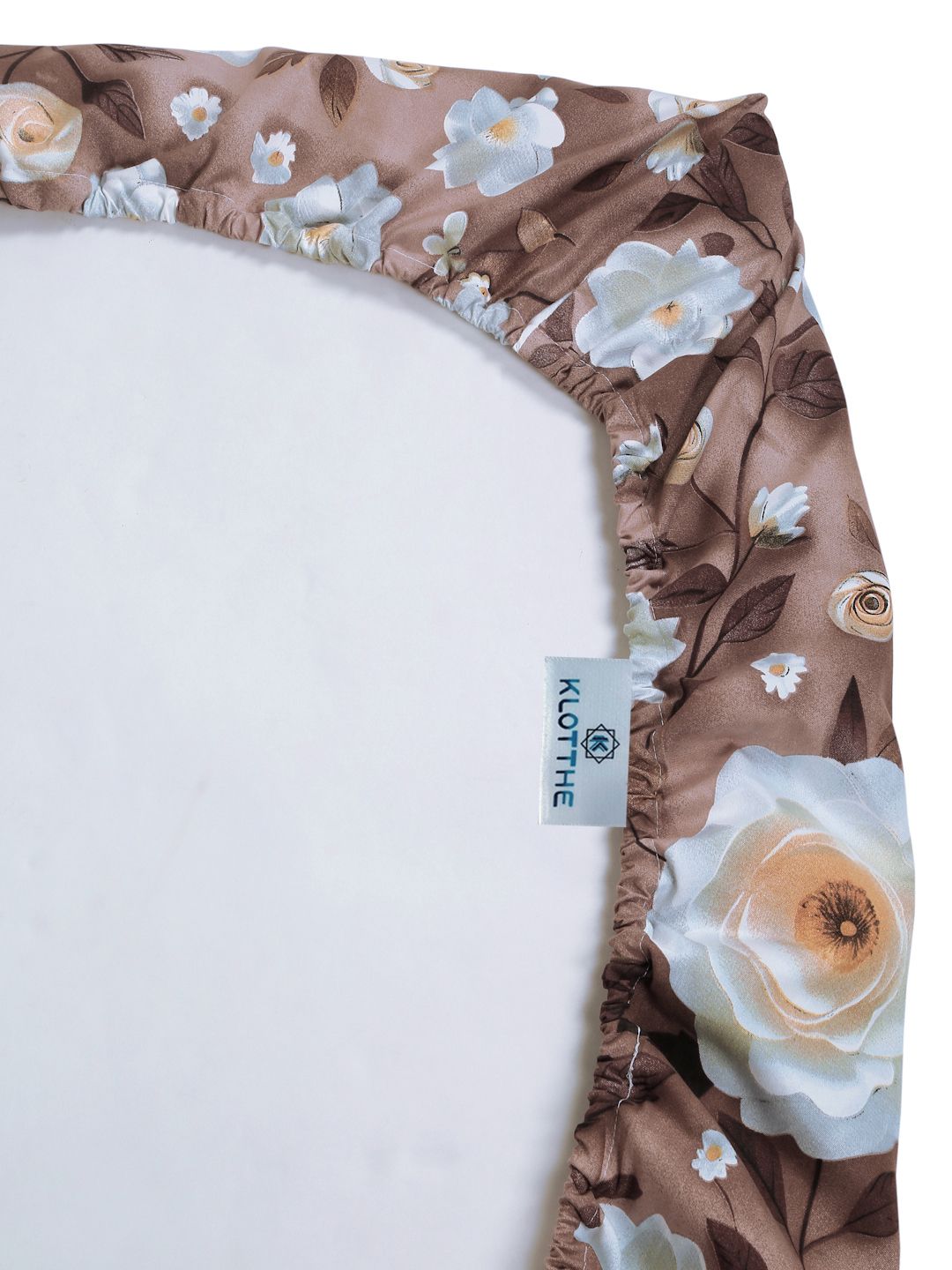 KLOTTHE Brown & White Floral Printed Fitted 300TC Single 7D Bedsheet With Pillow Cover