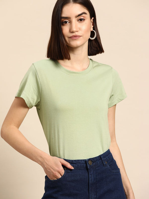 all about you Women Green Solid T-shirt