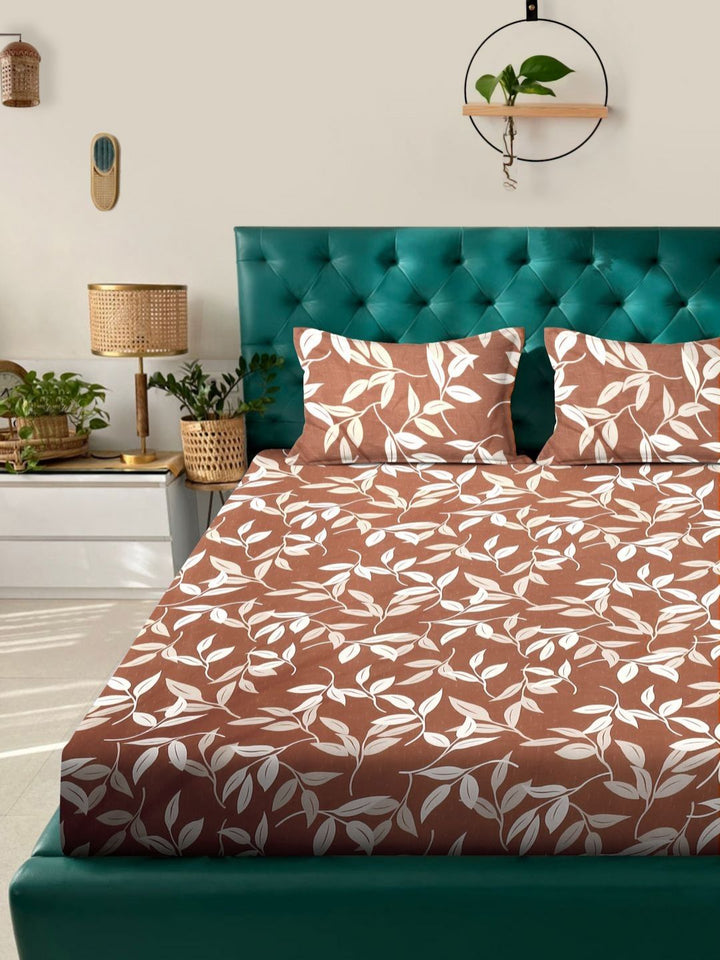 Aura Brown Floral Cotton 300 TC King Fine Bedsheet with 2 Pillow Covers-98 x 89 inches