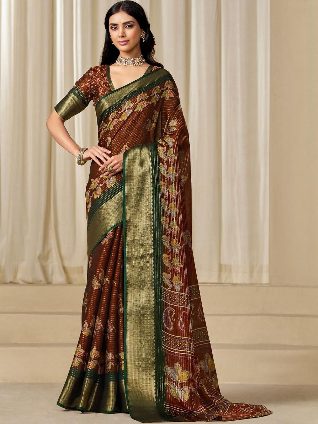 KALINI Woven Design Zardozi Silk Blend Zari Border Saree