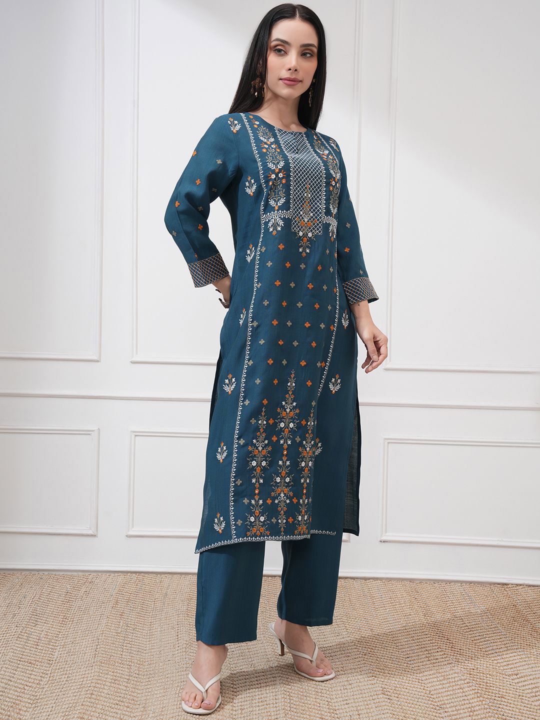 Vishudh Floral Embroidered Thread Work Straight Kurta With Trouser And Dupatta