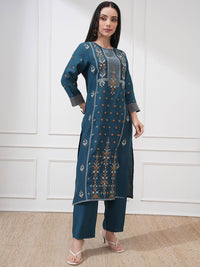Vishudh Floral Embroidered Thread Work Straight Kurta With Trouser And Dupatta
