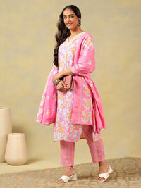 Mamicha Women Floral Printed Regular Thread Work Pure Cotton Kurta with Trousers & With Dupatta