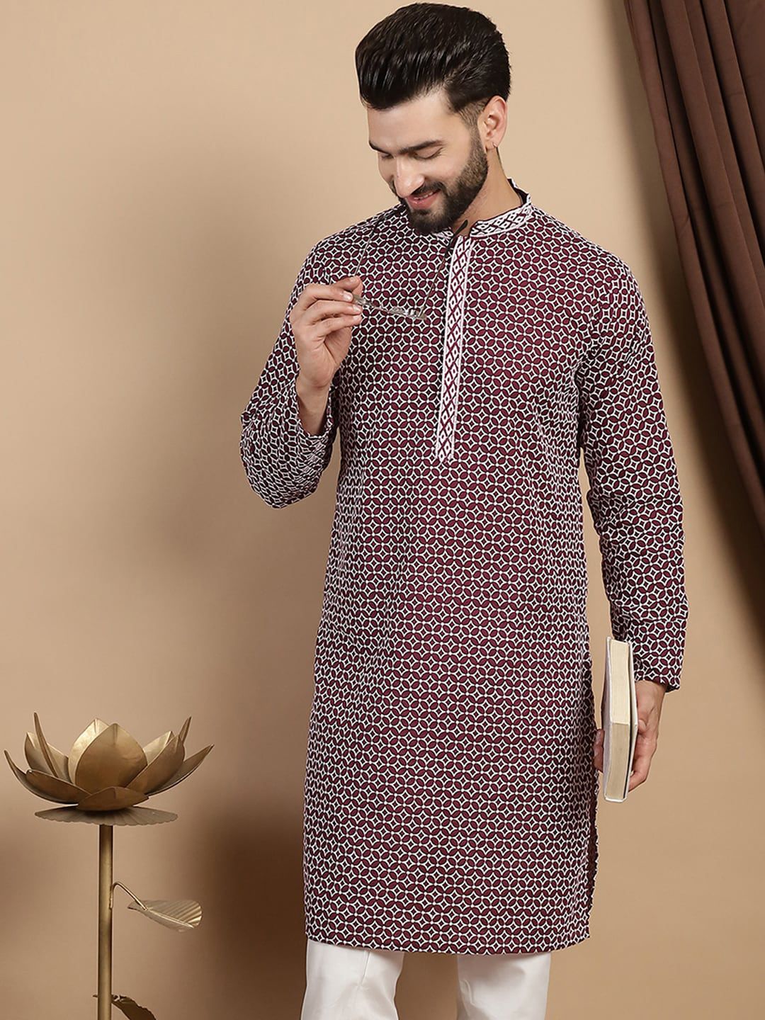 Kurta Lurus Kapas Kolar Mandarin Bercetak Anouk