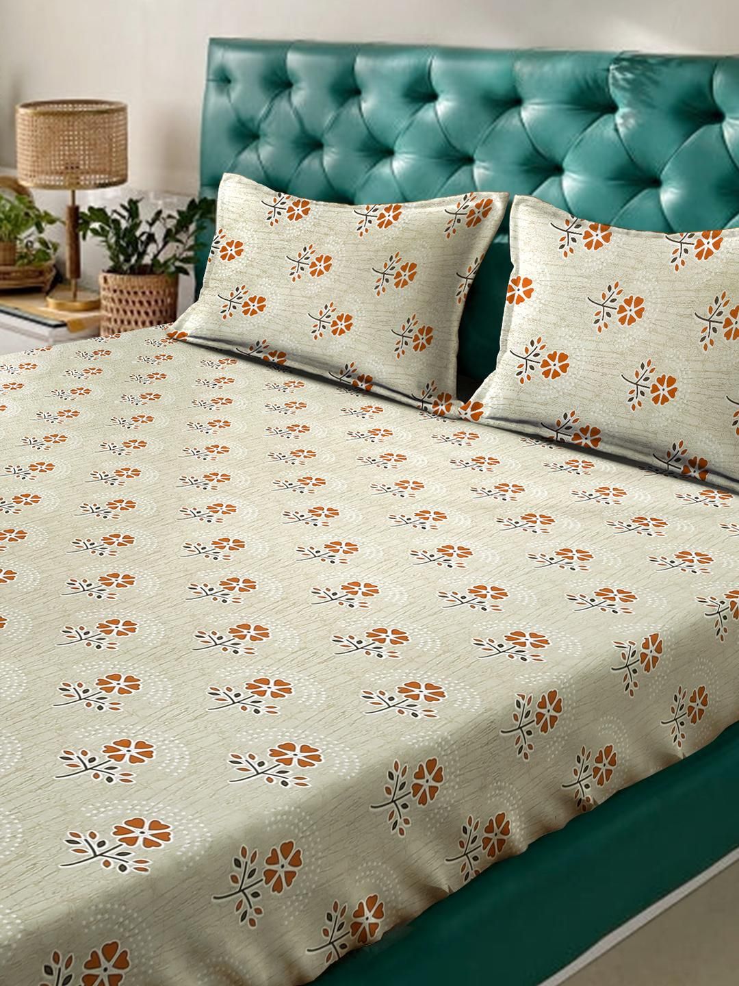 KLOTTHE Yellow Floral Cotton 400 TC King Fine Bedsheet with 2 Pillow Covers-98 x 89 inches