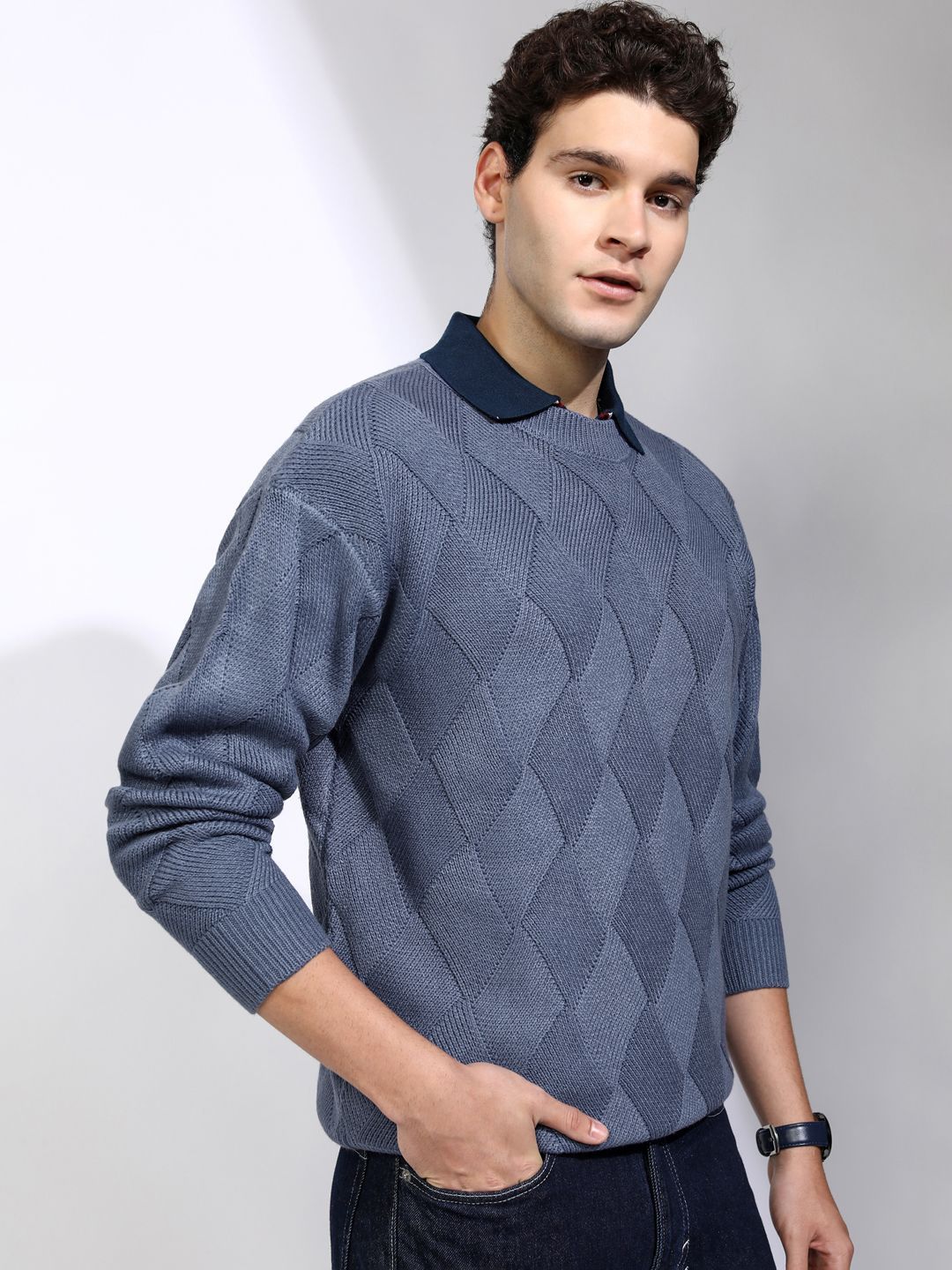 HIGHLANDER Men Open Knit Self Design Pullover