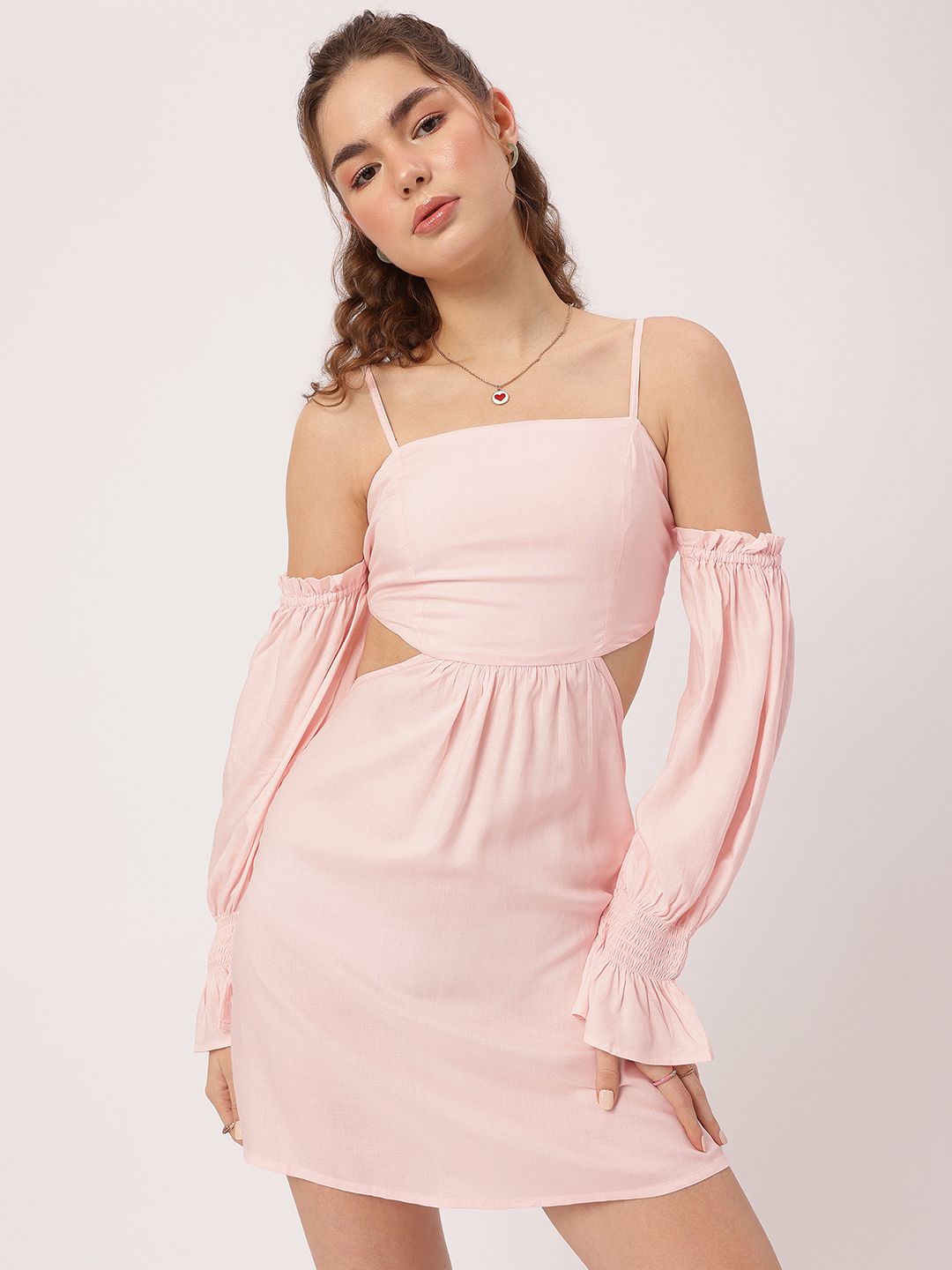 DressBerry Fairy Core Cold-Shoulder Sleeves Cut-Out Smocked Mini Dress