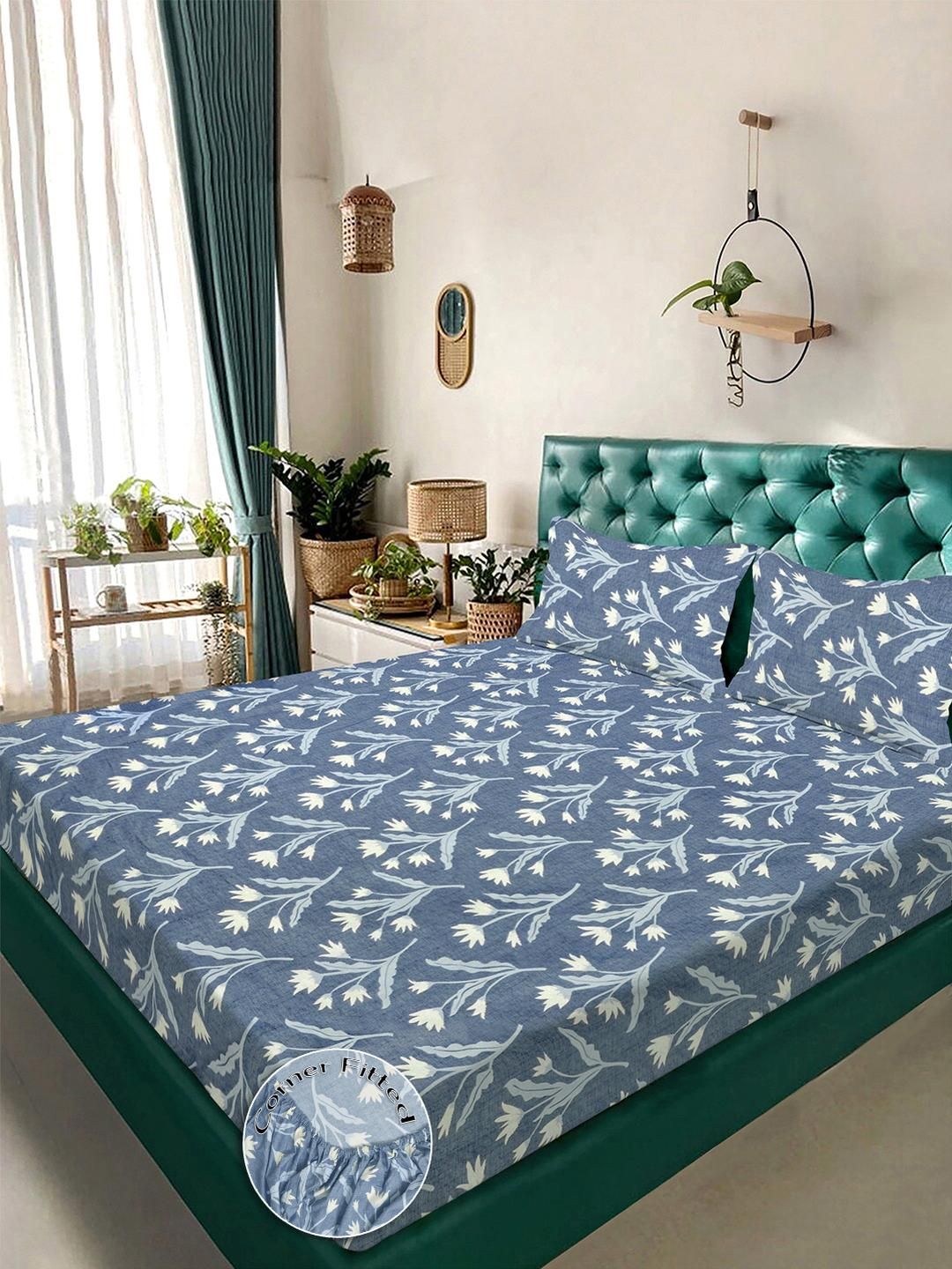 KLOTTHE Blue Floral Printed Dilengkapi 300 King Dilengkapi Cadar Katil Double Dengan 2 Sarung Bantal