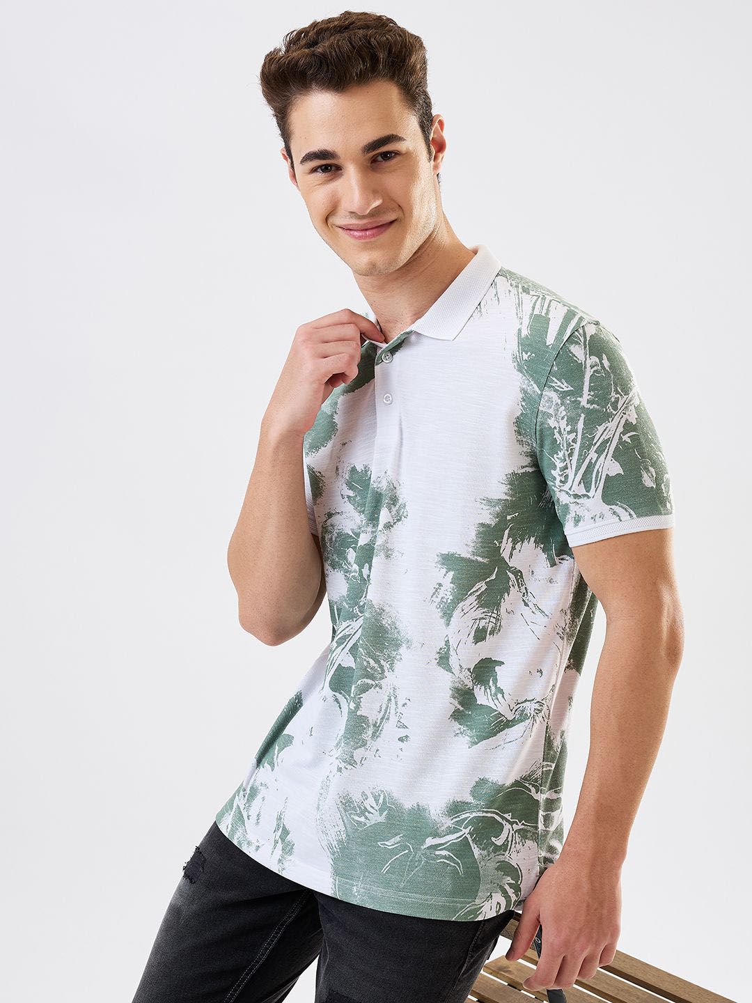 SPYKAR Men Abstract Printed Polo Collar Cotton Slim Fit T-shirt