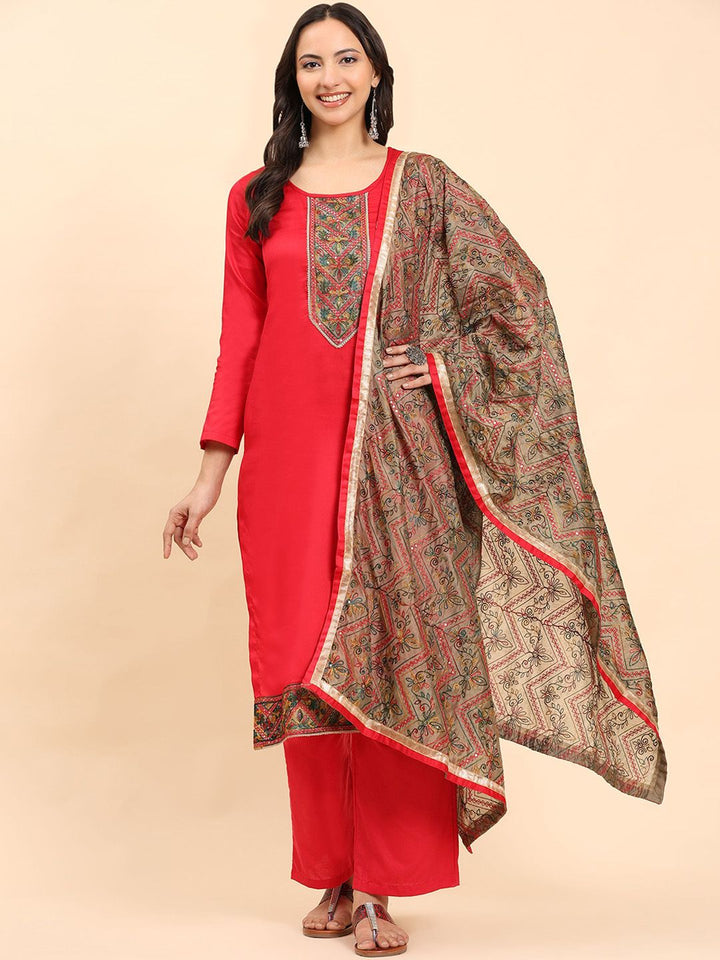 Mamicha Women Floral Yoke Design Thread Work Pure Cotton Kurta with Palazzo & Dupatta