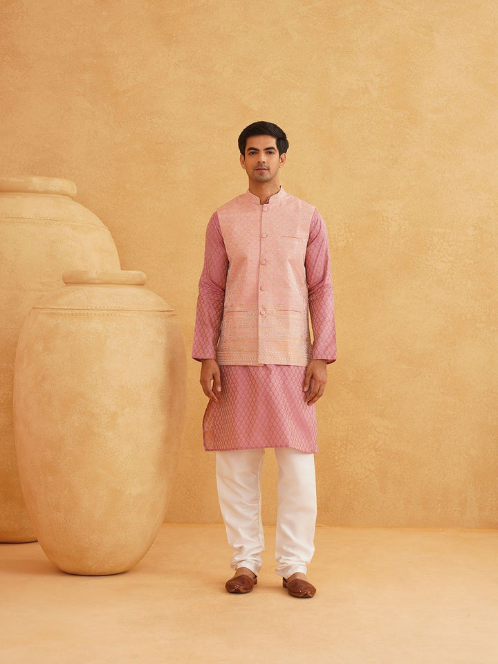 SOJANYA Floral Woven Design  Mandarin Collar Straight Kurta With Churidar & Nehru Jacket