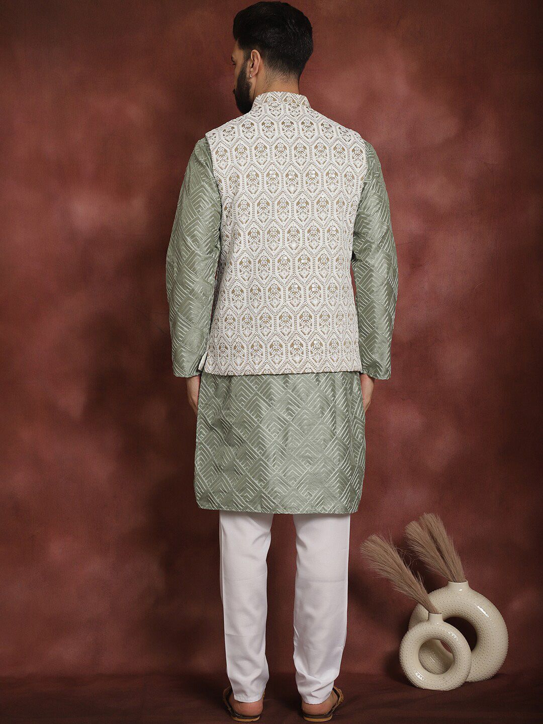Anouk Ethnic Motifs Embroidered Regular Thread Work Kurta with Churidar & Nehru Jacket