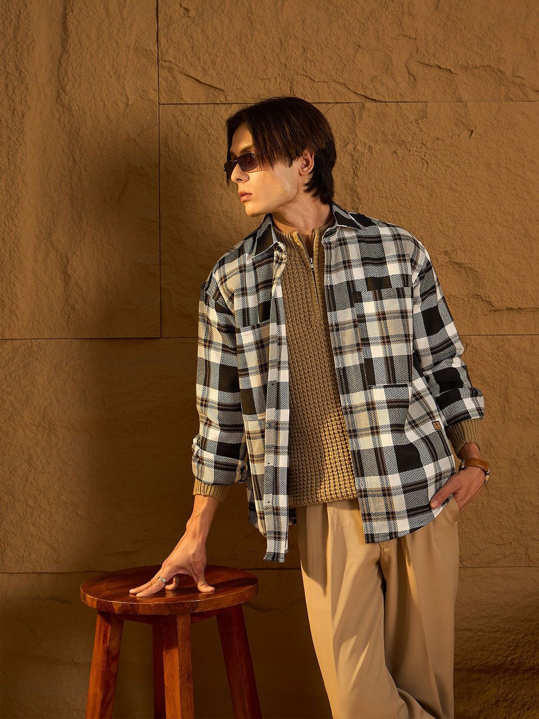 DENNISON Men Double Pocket Drop Shoulder Oversized Cotton Checked Shacket