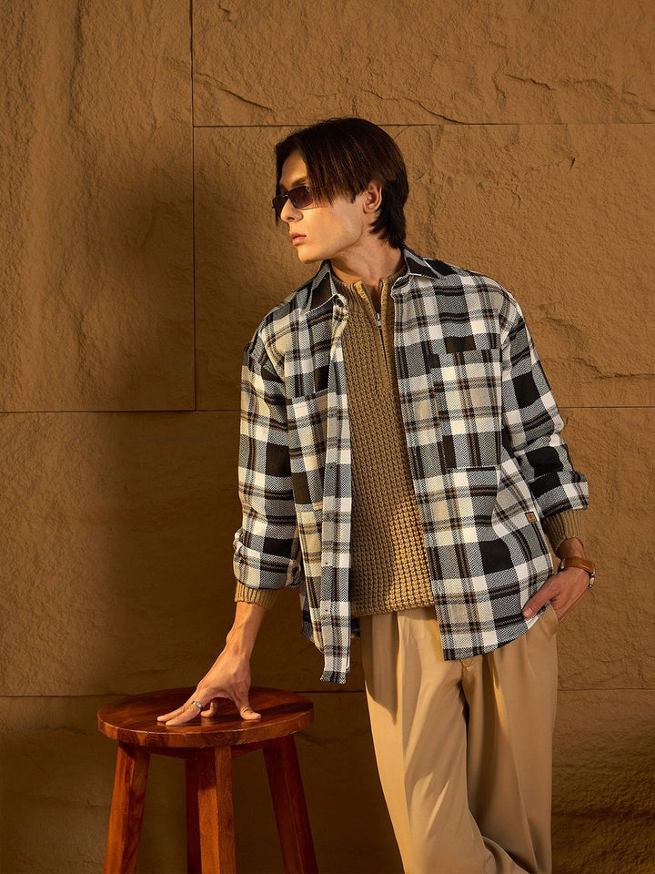 DENNISON Men Double Pocket Drop Shoulder Oversized Cotton Checked Shacket