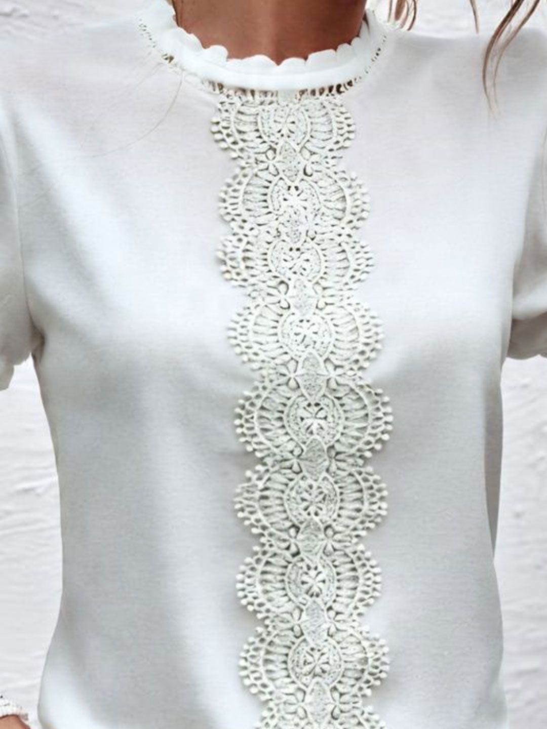 Berrylush Women High Neck Puff Sleeve Lace Inserts Detail Top