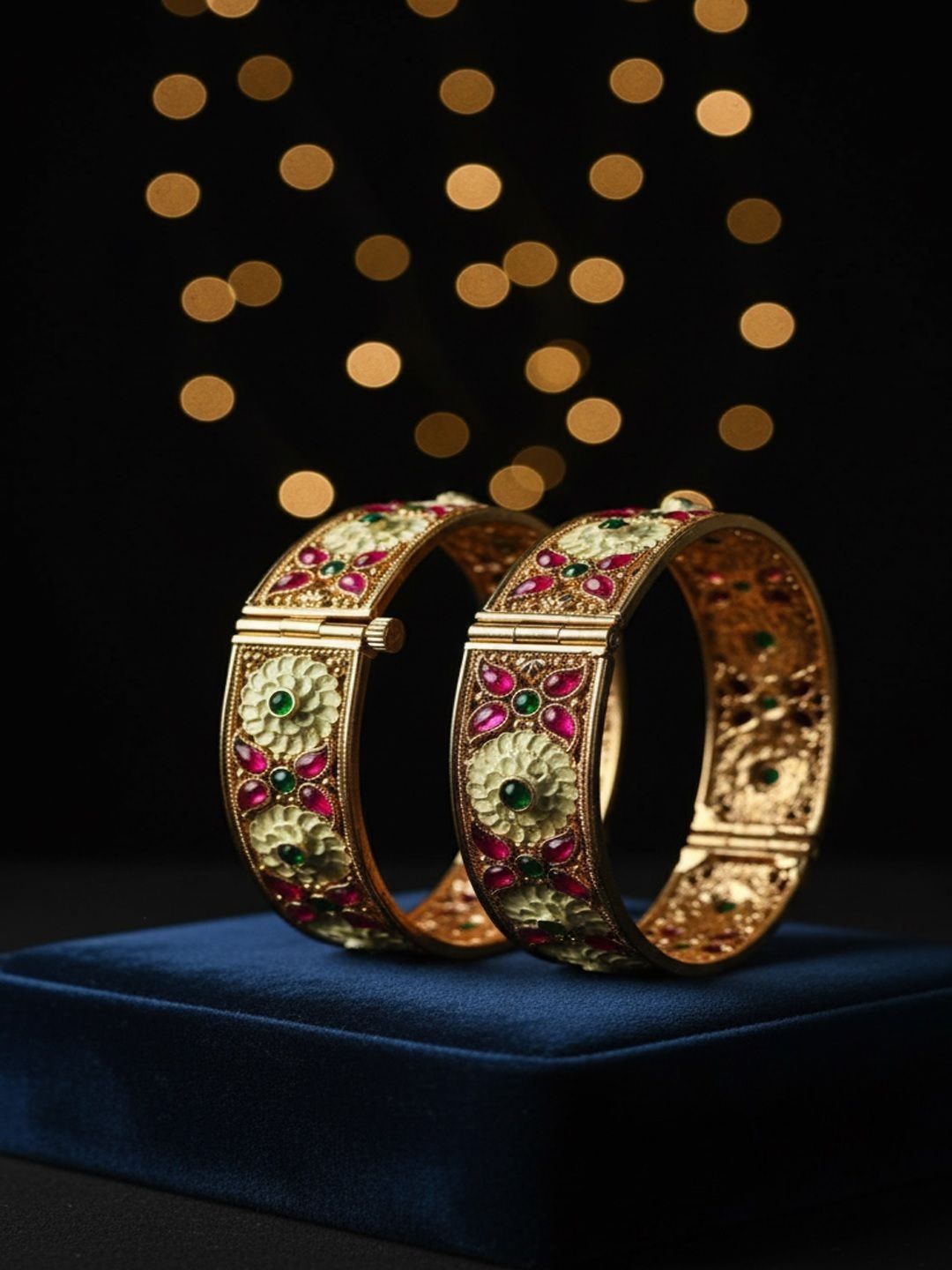 PANASH Set Of 2 24KT Gold-Plated Ruby & Emerald Stones Studded Flower Shaped Bangles