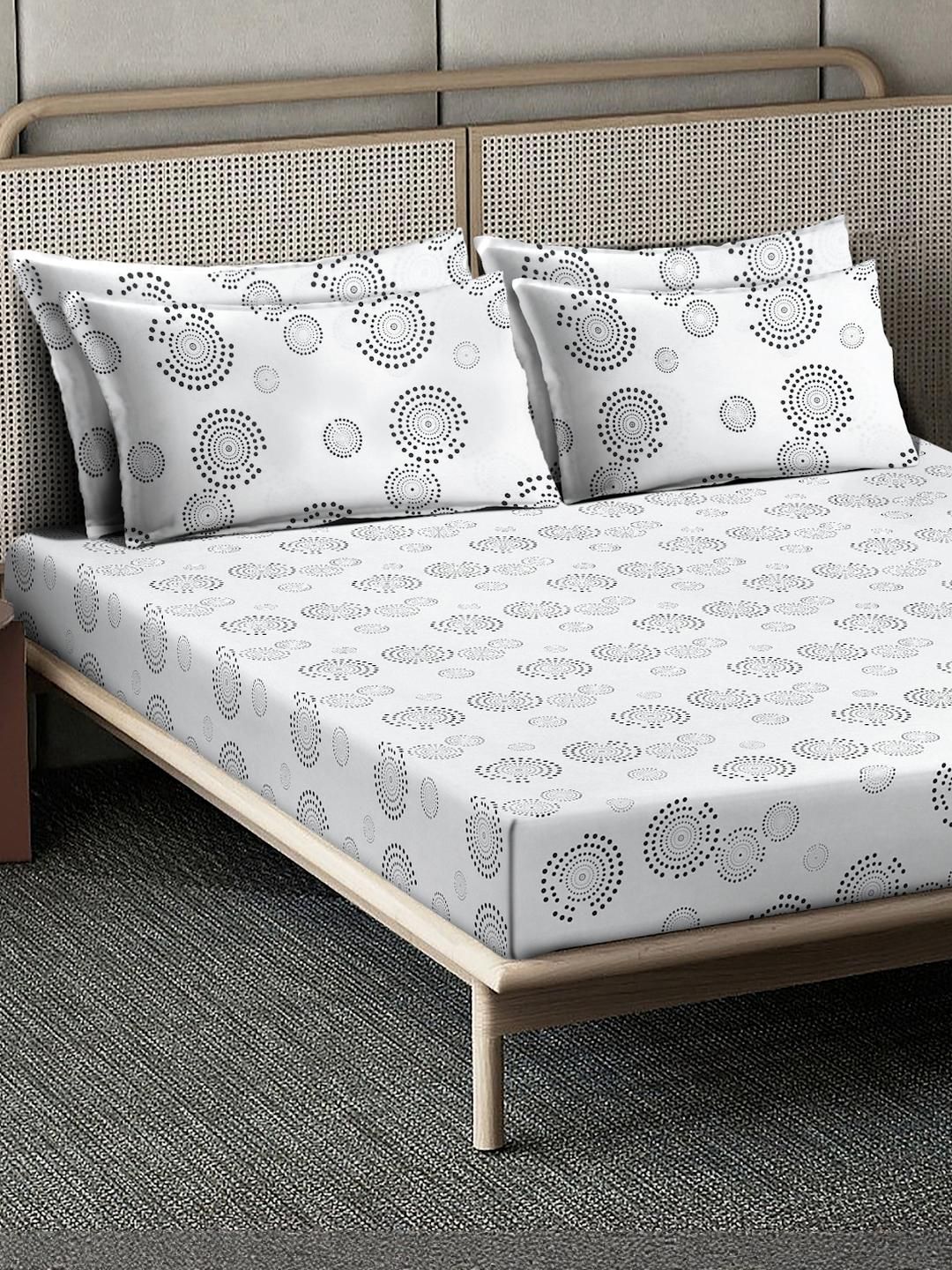 KLOTTHE White Geometric Print Flat 400TC Kapas Tulen Cadar Super King & 4 Sarung Bantal