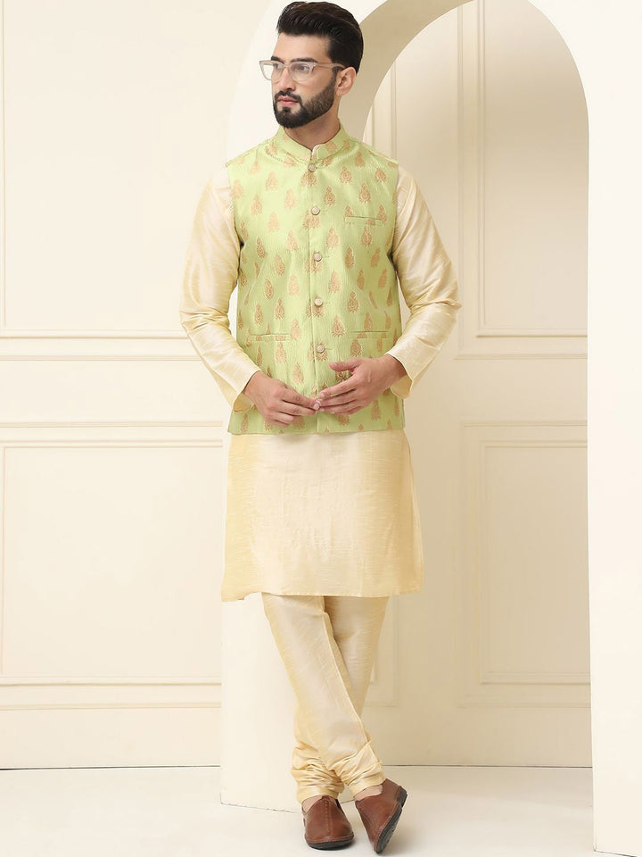 SOJANYA Mandarin Collar Zari Silk Cotton Straight Kurta with Pyjamas & Nehru jacket
