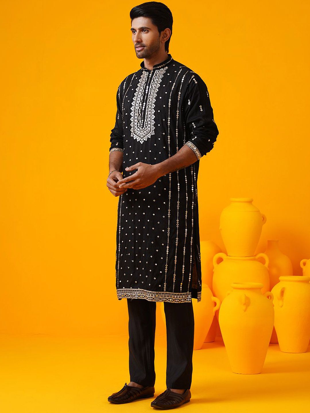 SOJANYA LUXE Geometri Cermin Kerja Mandarin Collar Kurta Sutera Lurus