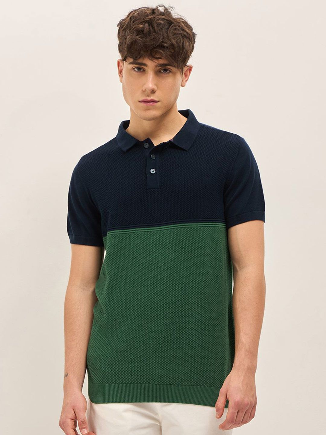 THE BEAR HOUSE Men Colourblocked Polo Collar Cotton T-shirt