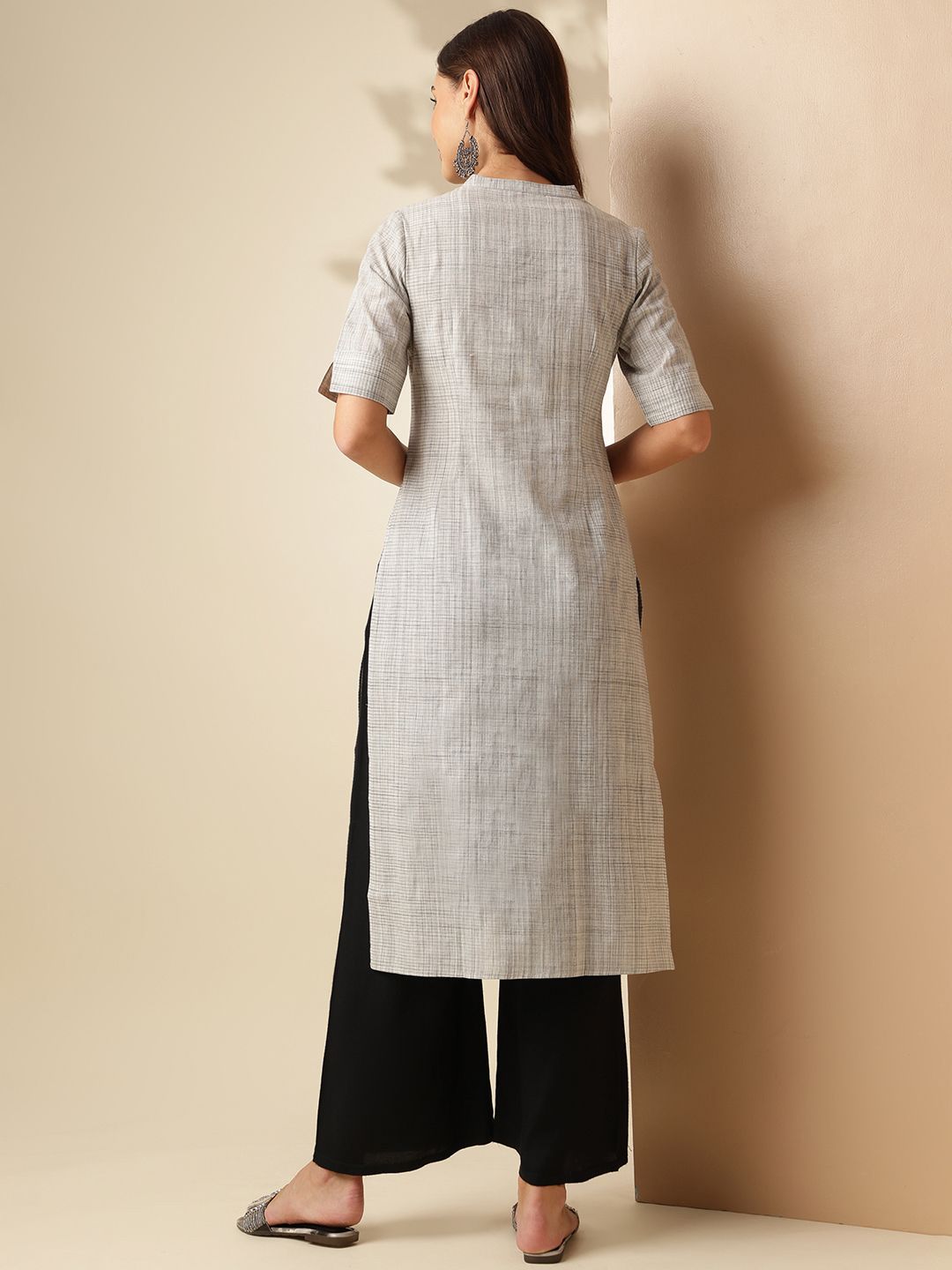 Anouk Grey Striped Woven Design Mandarin Collar Short Sleeves Pure Cotton Kurta