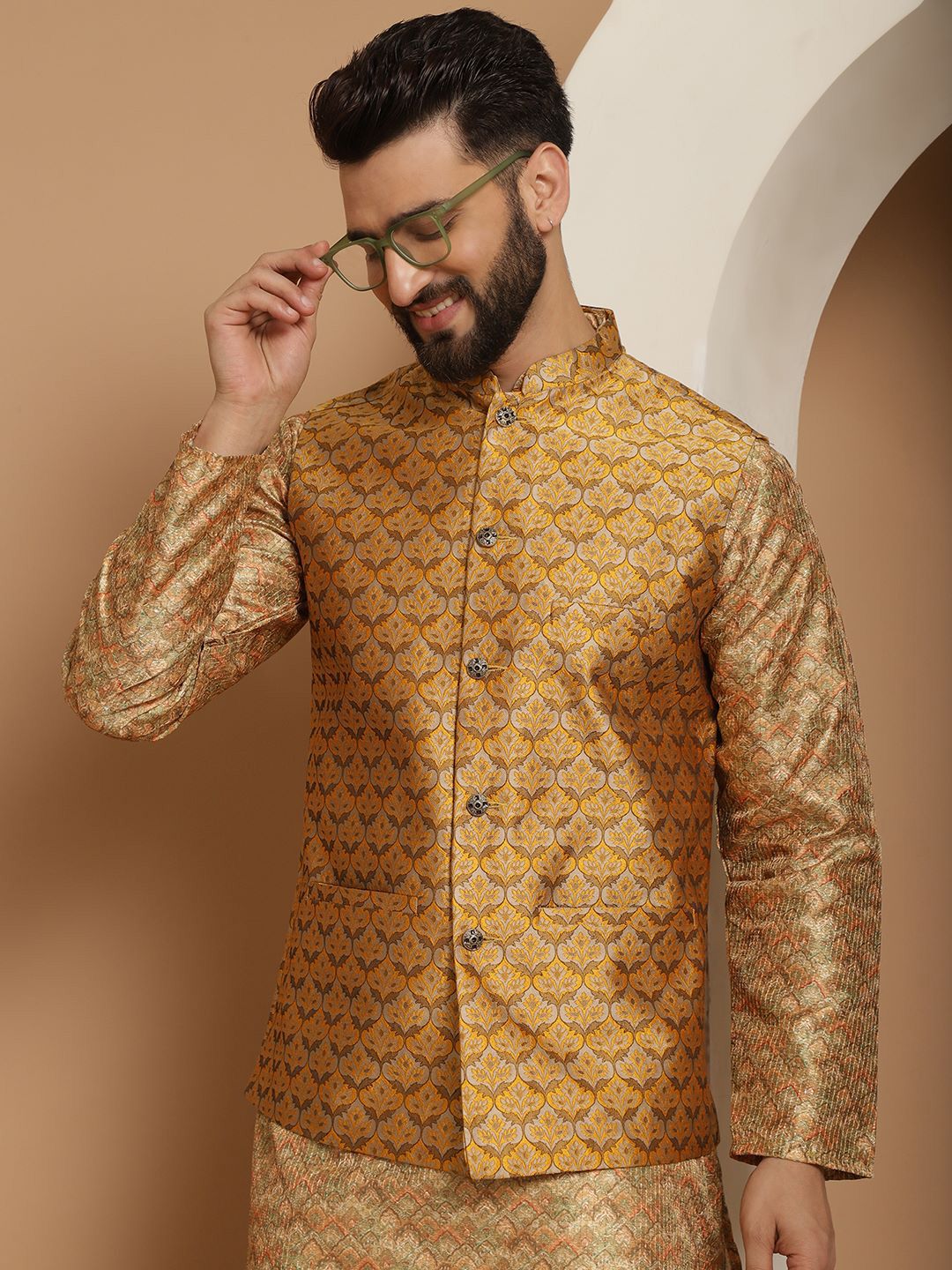 Anouk Regular Printed Thread Work Straight Kurta Churidar with Nehru jacket