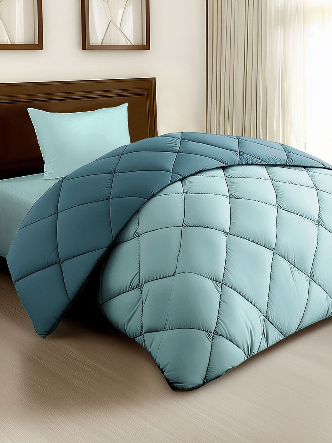 Story@home Turquoise Blue Solid Reversible 240 GSM Heavy Winter Single Bed Comforter