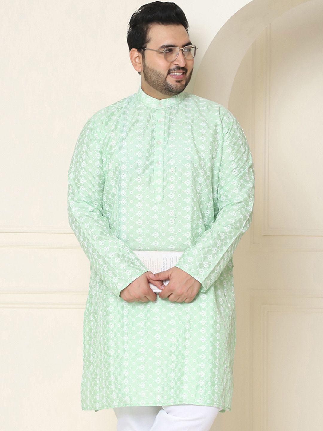 SOJANYA PLUS Size Floral Embroidered Band Collar Straight Kurta