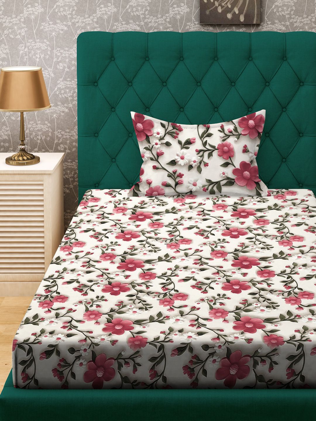 KLOTTHE Warna Krim & Bercetak Bunga Merah Jambu Flat 300 TC Single 7D Cadar & Sarung Bantal