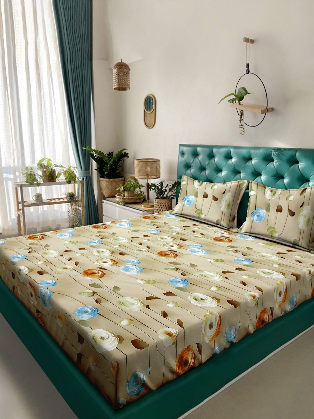 KLOTTHE Beige Floral Printed Fitted 300 TC King 7D Bedsheet With 2 Pillow Cover