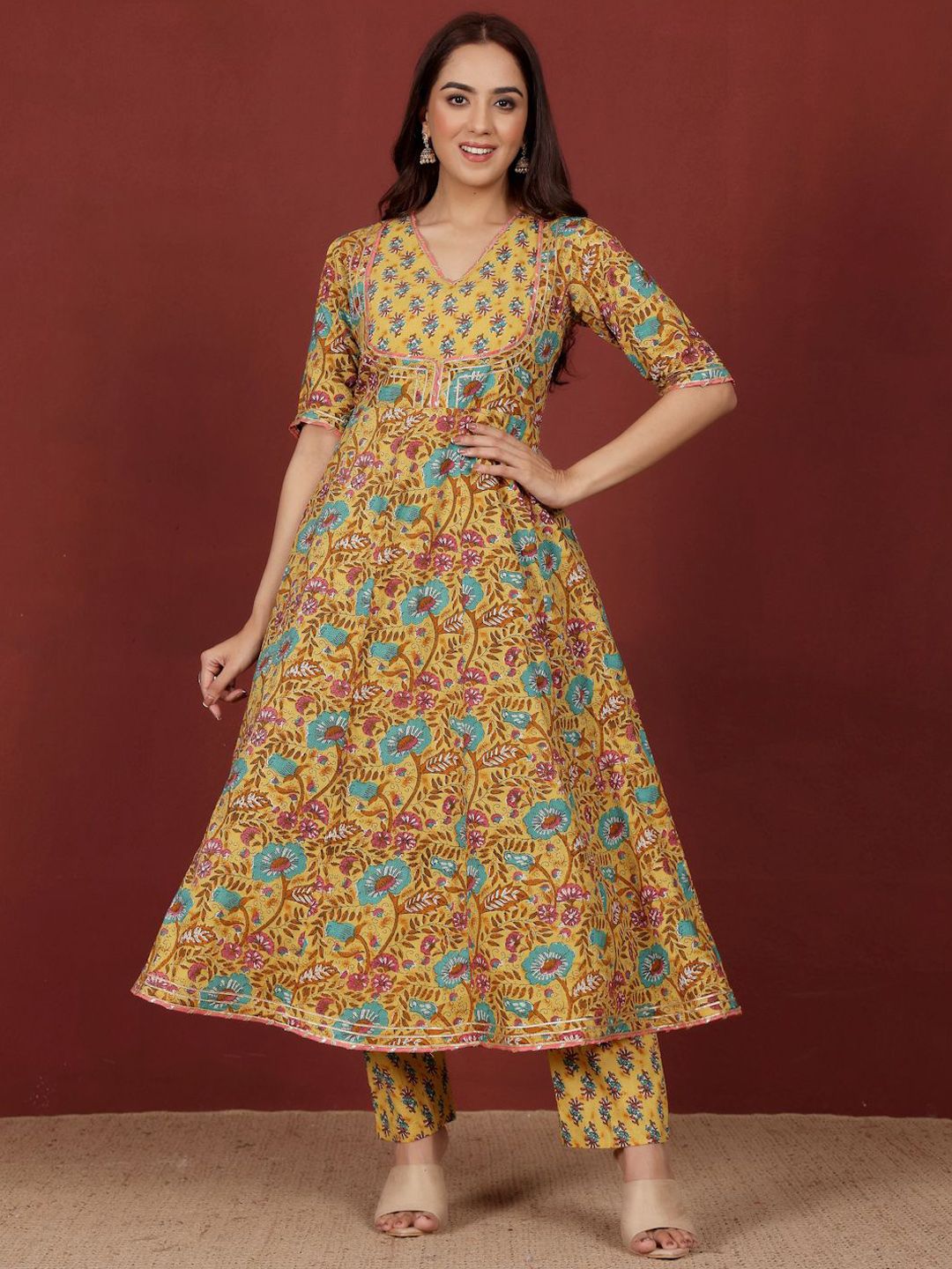 Varanga Floral Printed V-Neck Gotta Patti Pure Cotton A-Line Kurta With Trousers & Dupatta