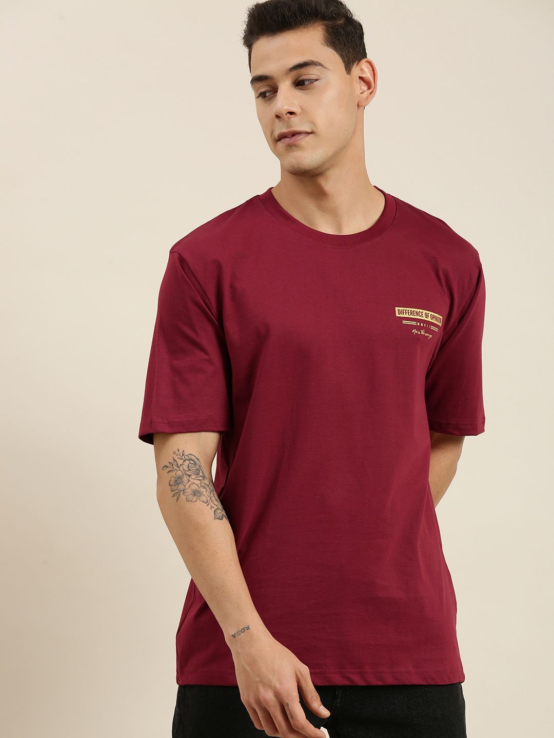 Difference of Opinion Men Maroon & Yellow Cotton Printed Drop-Shoulder Oversized T-shirt