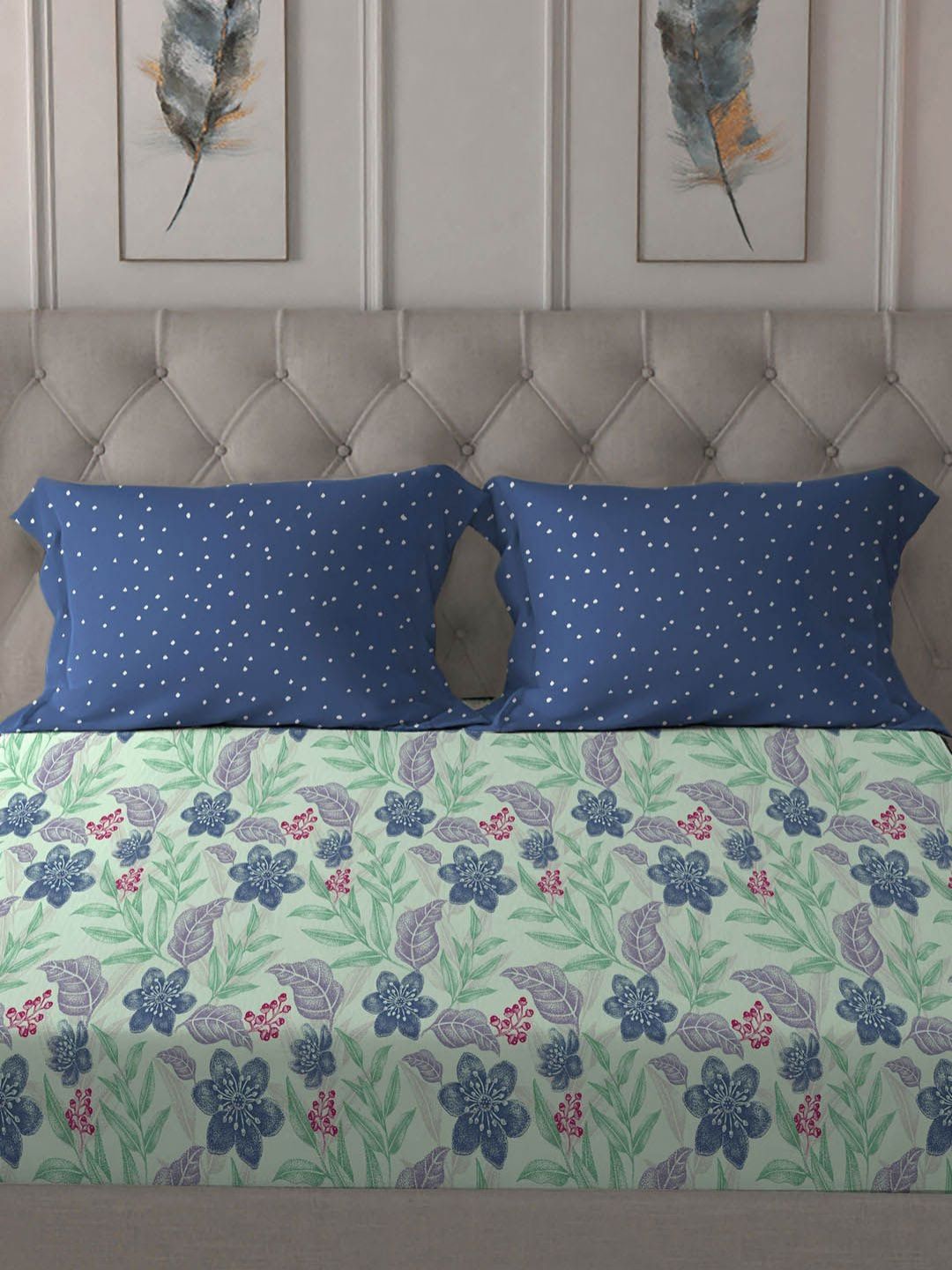 MYTRIDENT Glitter Blue Dusk & Dawn Flat 144TC Queen Cotton 1 Bedsheet with 2 Pillow Covers