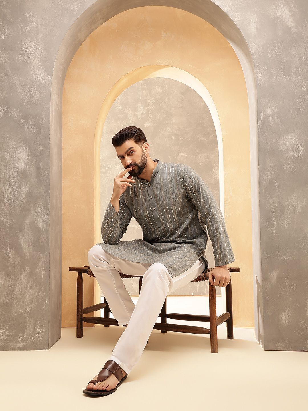 Anouk Grey Striped Embroidered Sequinned Mandarin Collar Pure Cotton Kurta With Pyjama