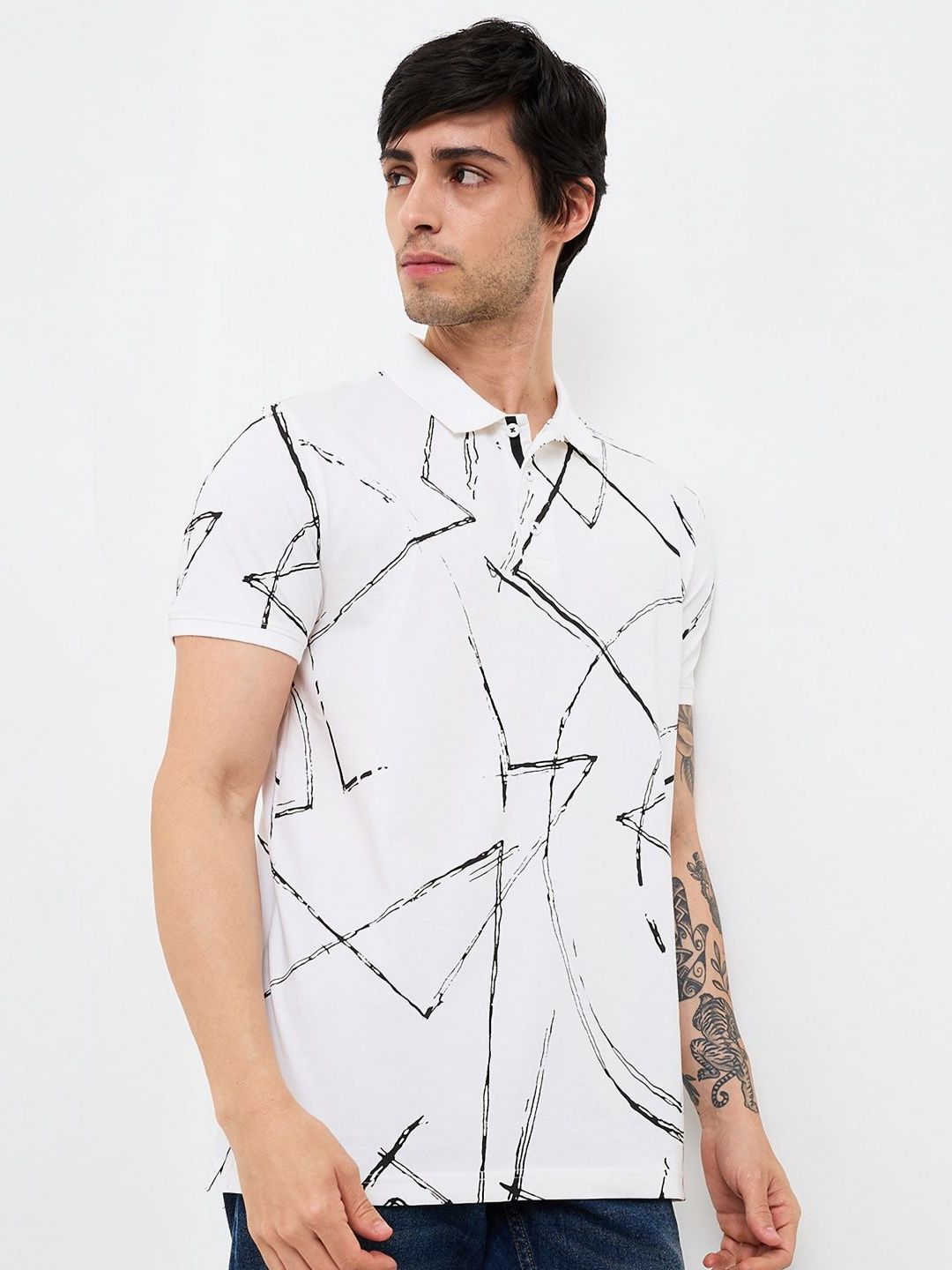 SPYKAR Men Abstract Printed Polo Collar Cotton Slim Fit T-shirt