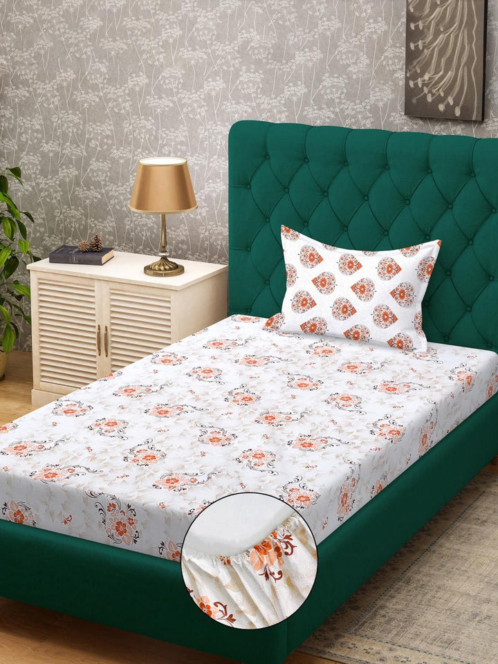 KLOTTHE Orange Floral Cotton Single Bedsheets