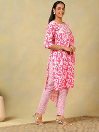Mamicha Women Printed Regular Mirror Work Pure Cotton Kurta with Trousers & With Dupatta